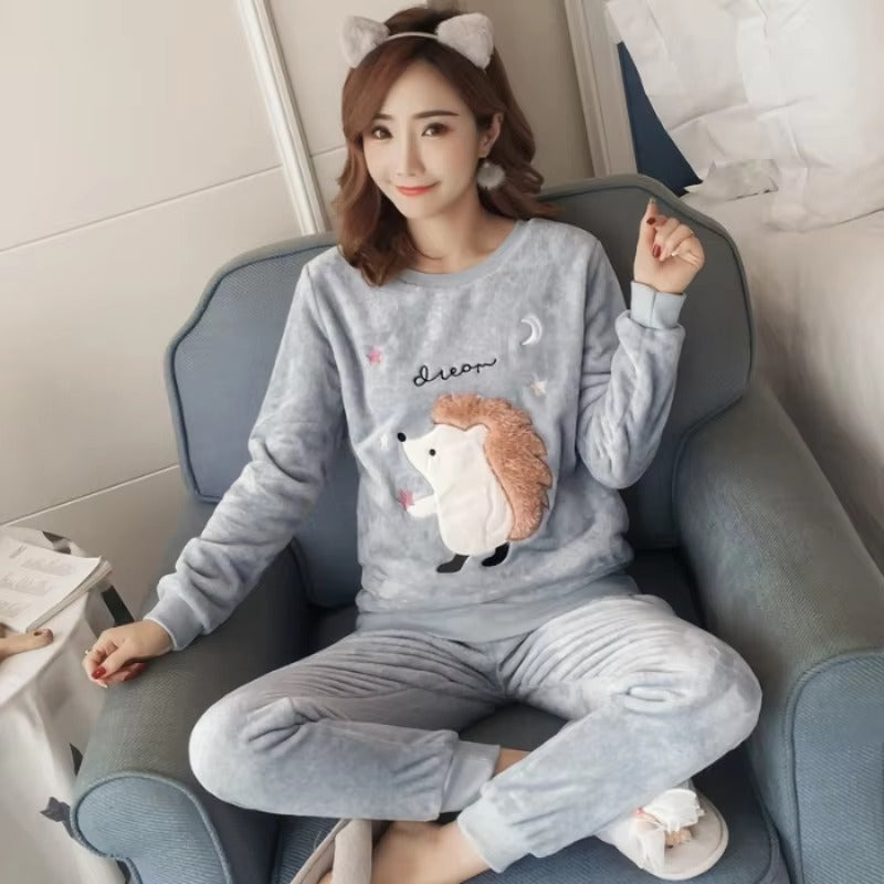 Casual Flannel Soft Warm Printing 2 Piece Pajamas Set Mssza