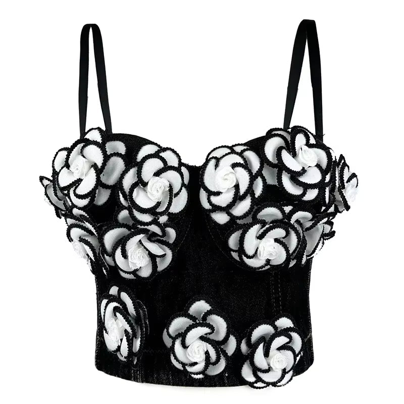 Casual Floral 3D Flower High Street Denim Tube Short Top Mssza