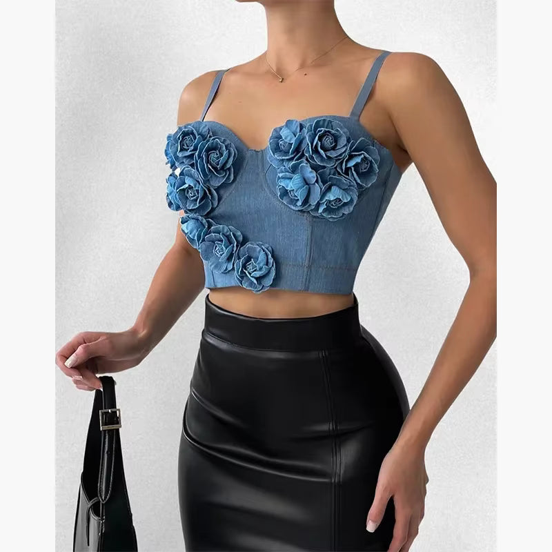 Casual Floral 3D Flower High Street Denim Tube Short Top Mssza