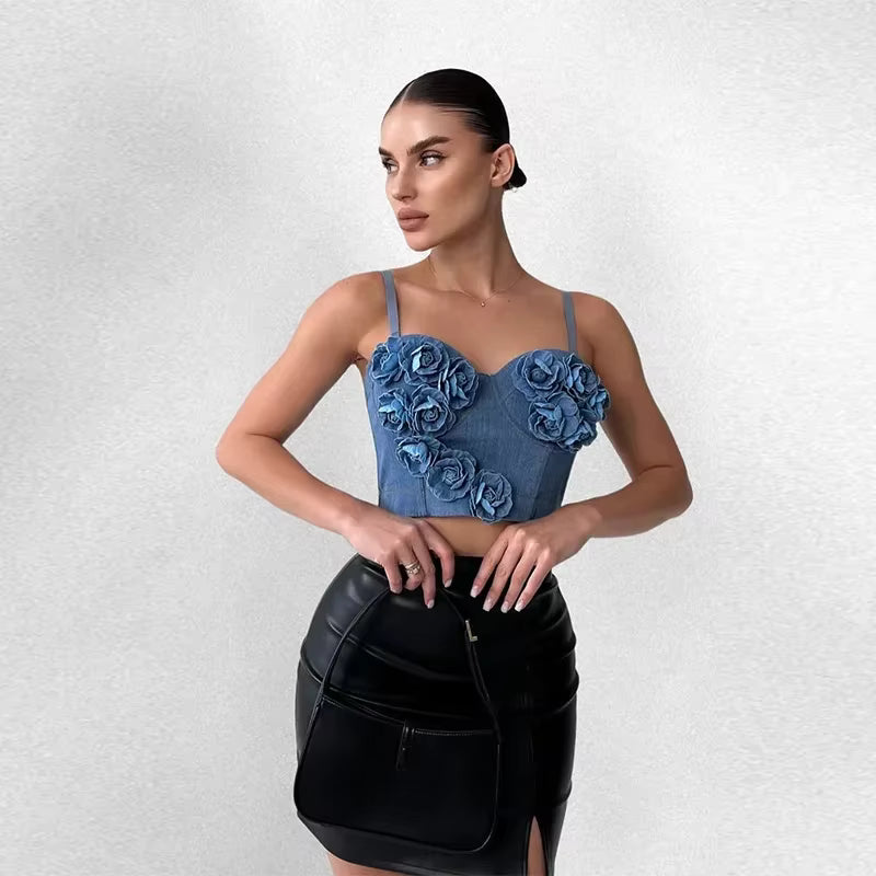 Casual Floral 3D Flower High Street Denim Tube Short Top Mssza