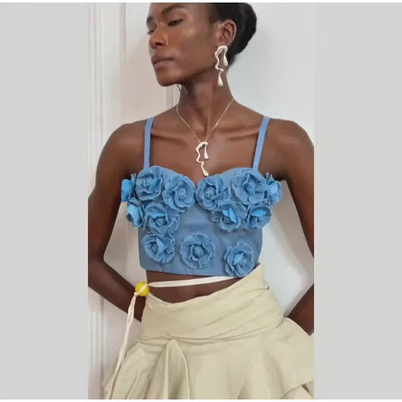 Casual Floral 3D Flower High Street Denim Tube Short Top Mssza