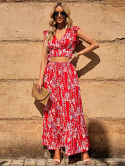 Casual Floral Flutter Sleeve Crop Top And Maxi Skirt Two Piece Set Mssza