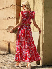 Casual Floral Flutter Sleeve Crop Top And Maxi Skirt Two Piece Set Mssza