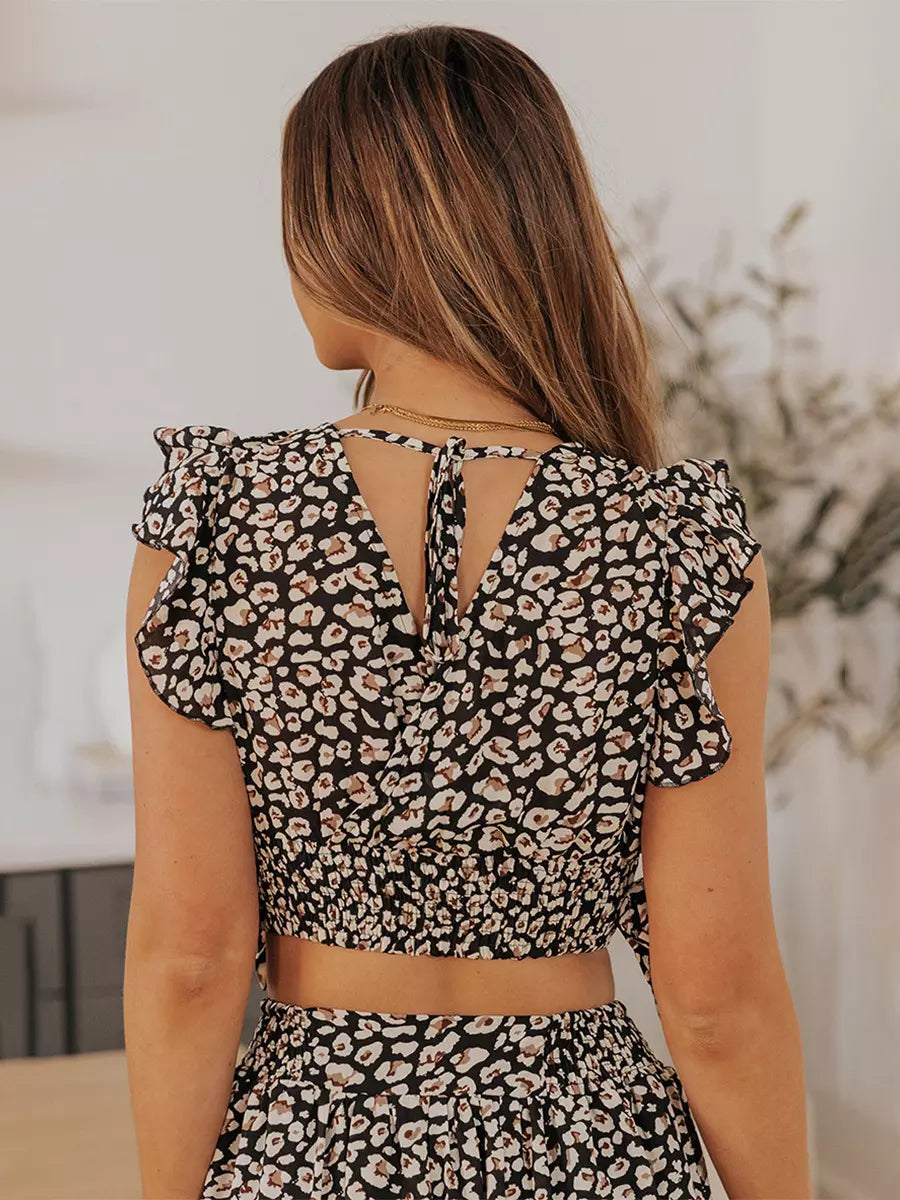 Casual Floral Flutter Sleeve Crop Top And Maxi Skirt Two Piece Set Mssza
