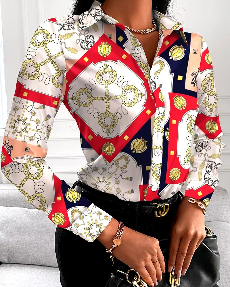 Casual Floral Geometric Square Print Turn-Down Collar Shirts Mssza