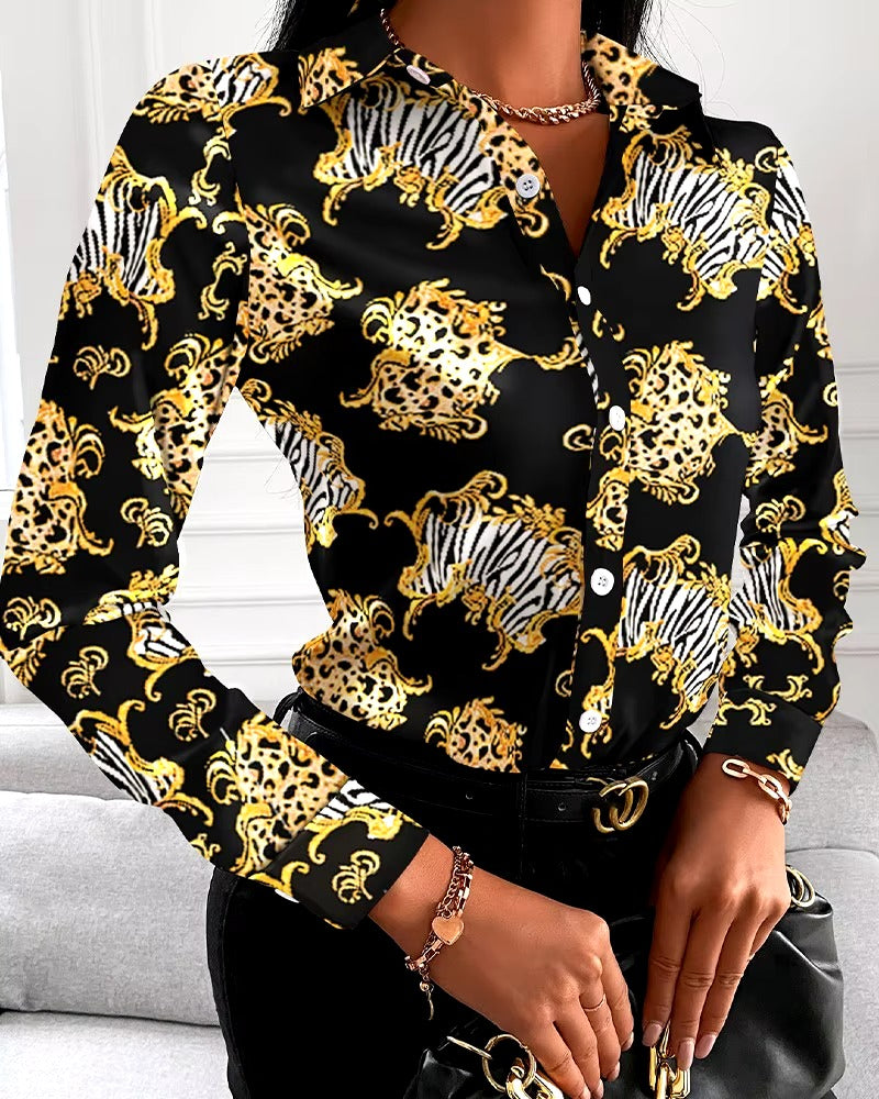 Casual Floral Geometric Square Print Turn-Down Collar Shirts Mssza