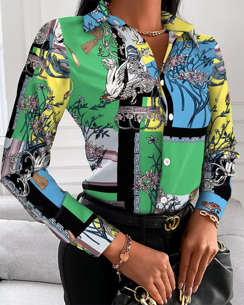Casual Floral Geometric Square Print Turn-Down Collar Shirts Mssza