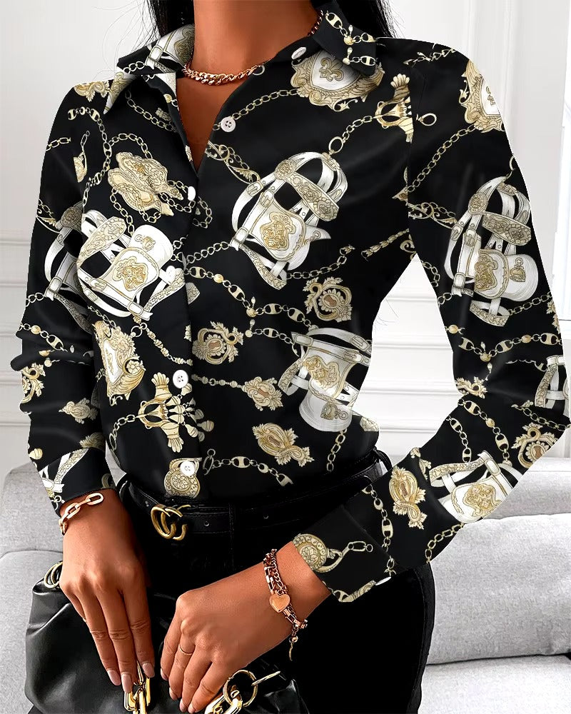 Casual Floral Geometric Square Print Turn-Down Collar Shirts Mssza