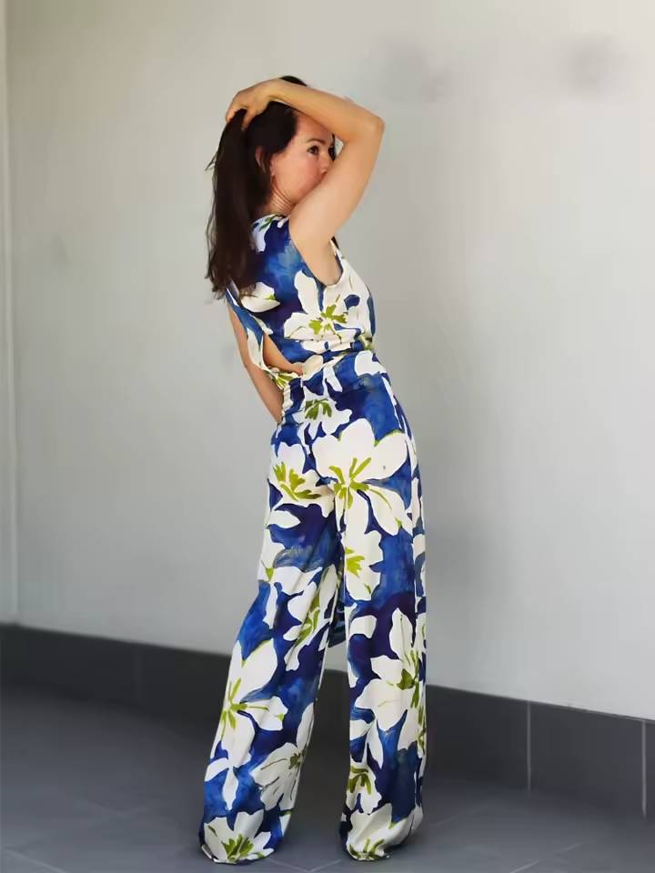 Casual Floral O-Neck Sleeveless Hollow Out Decorate Zipper Wide Leg Jumpsuit Mssza