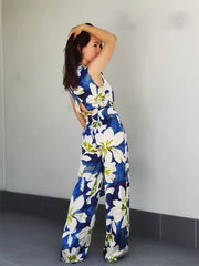 Casual Floral O-Neck Sleeveless Hollow Out Decorate Zipper Wide Leg Jumpsuit Mssza