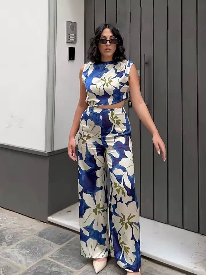 Casual Floral O-Neck Sleeveless Hollow Out Decorate Zipper Wide Leg Jumpsuit Mssza