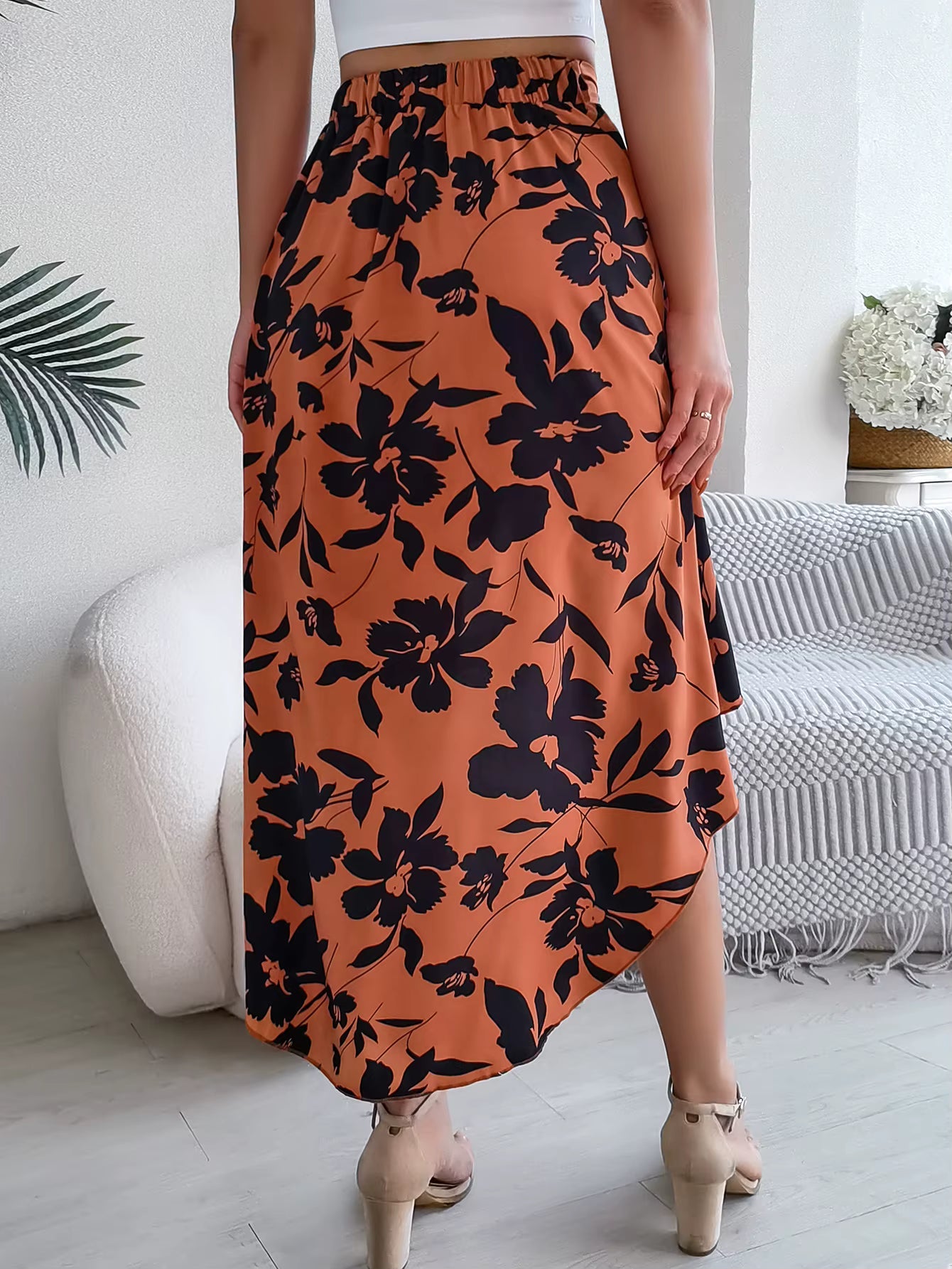 Casual Floral Print Asymmetric Ruffle Slight Stretch Mid-Calf Skirts Mssza