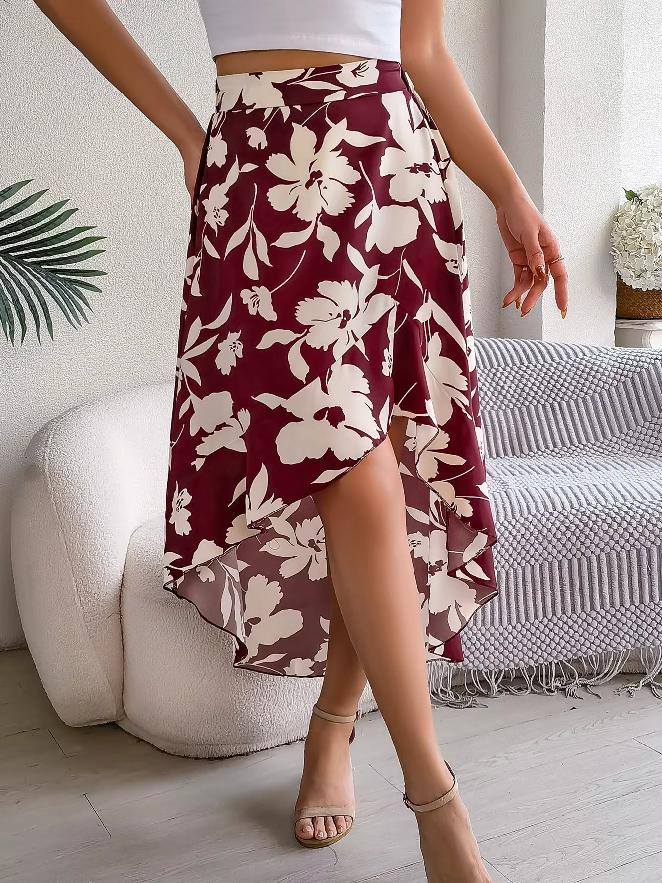 Casual Floral Print Asymmetric Ruffle Slight Stretch Mid-Calf Skirts Mssza