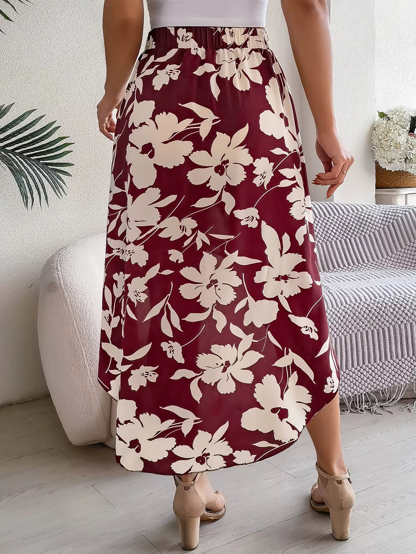 Casual Floral Print Asymmetric Ruffle Slight Stretch Mid-Calf Skirts Mssza