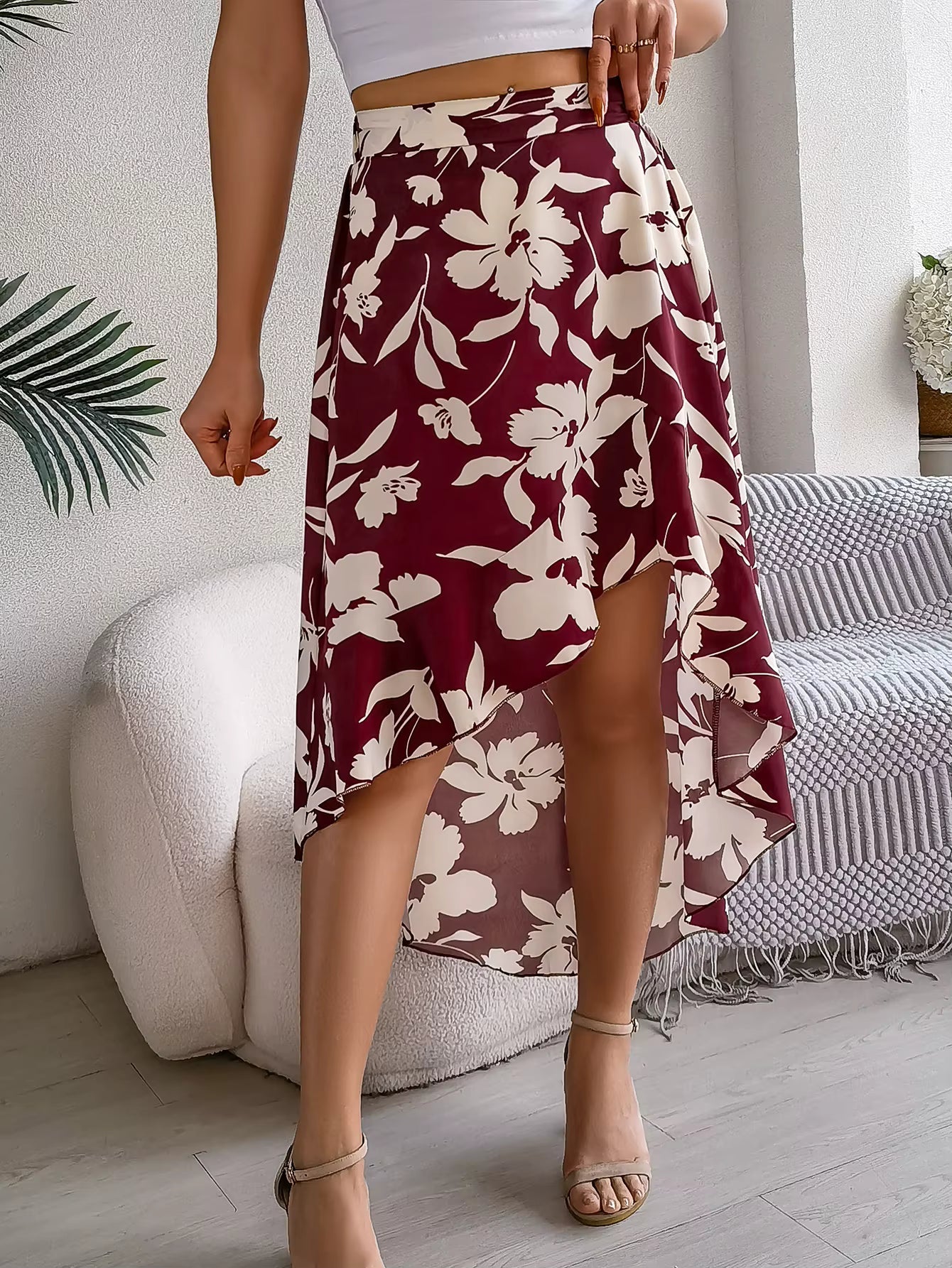 Casual Floral Print Asymmetric Ruffle Slight Stretch Mid-Calf Skirts Mssza
