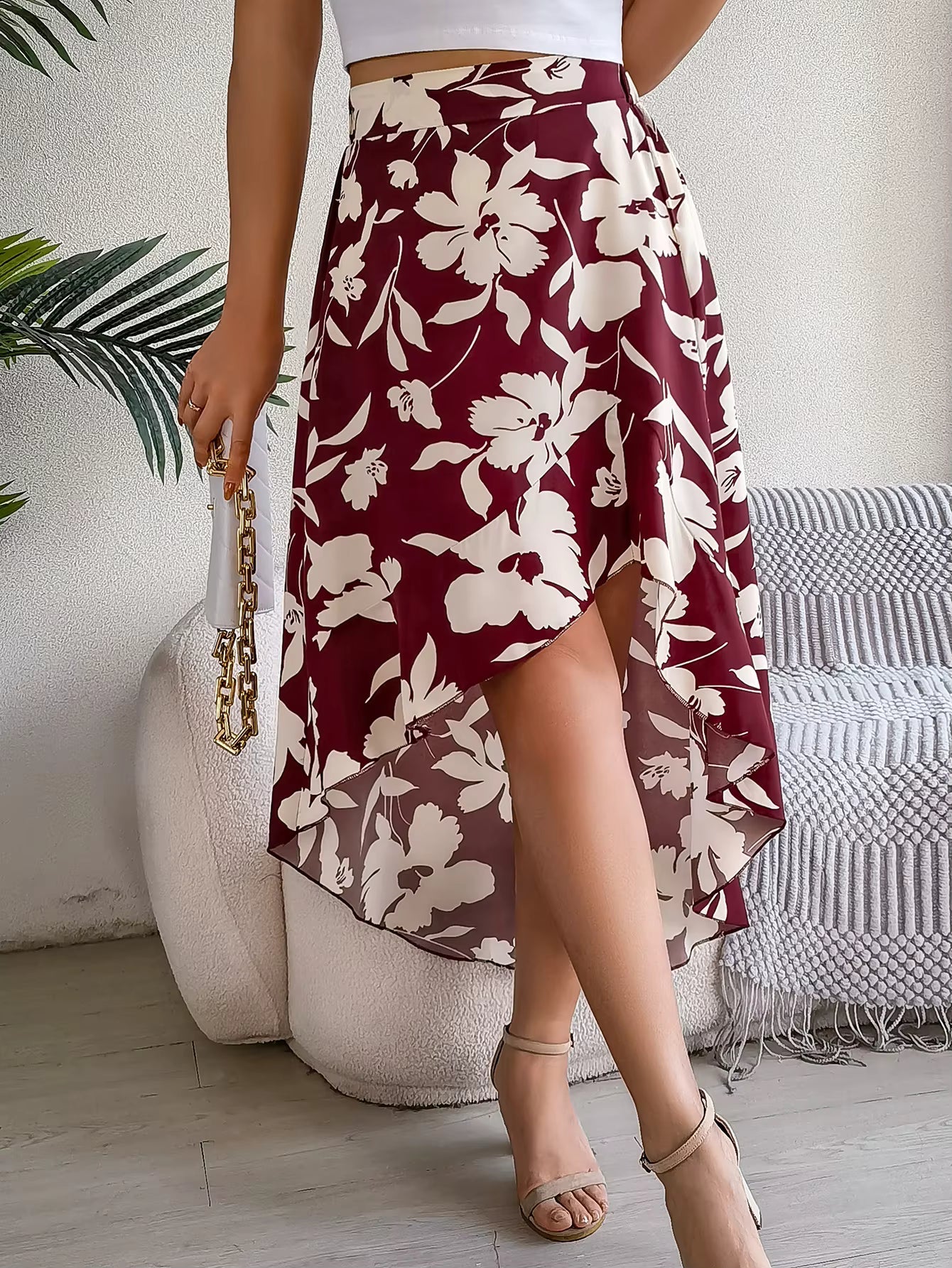 Casual Floral Print Asymmetric Ruffle Slight Stretch Mid-Calf Skirts Mssza