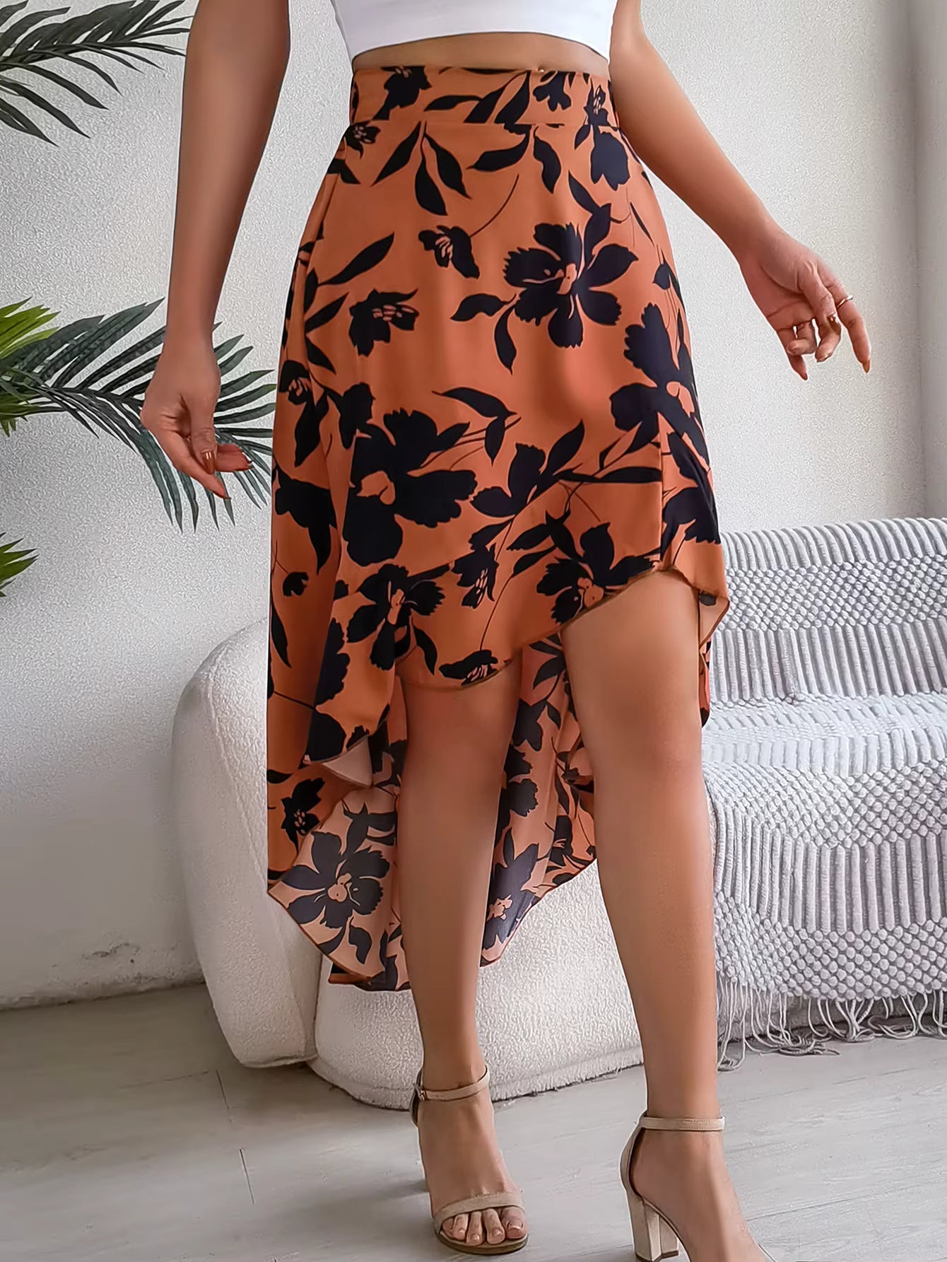 Casual Floral Print Asymmetric Ruffle Slight Stretch Mid-Calf Skirts Mssza