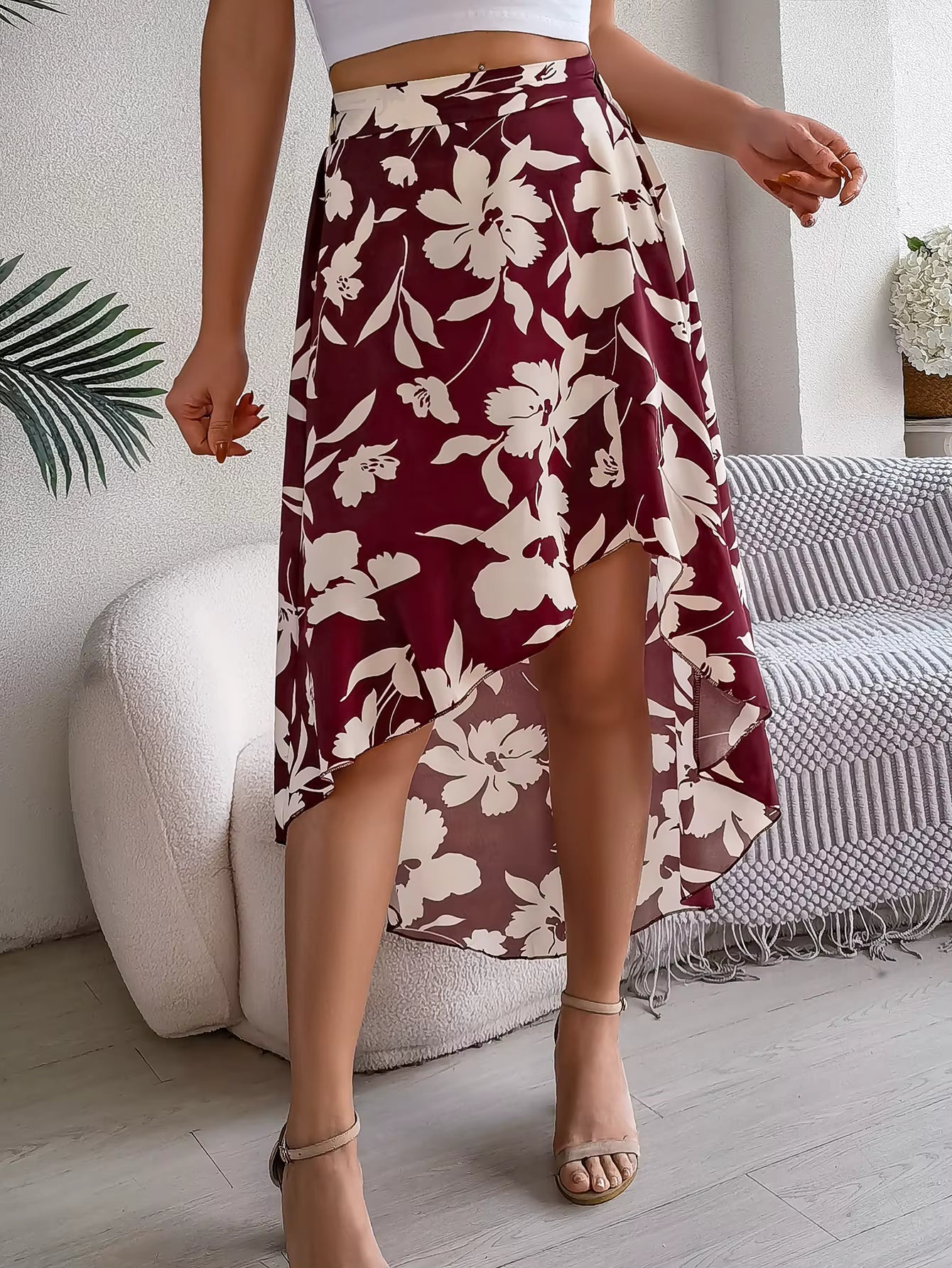 Casual Floral Print Asymmetric Ruffle Slight Stretch Mid-Calf Skirts Mssza