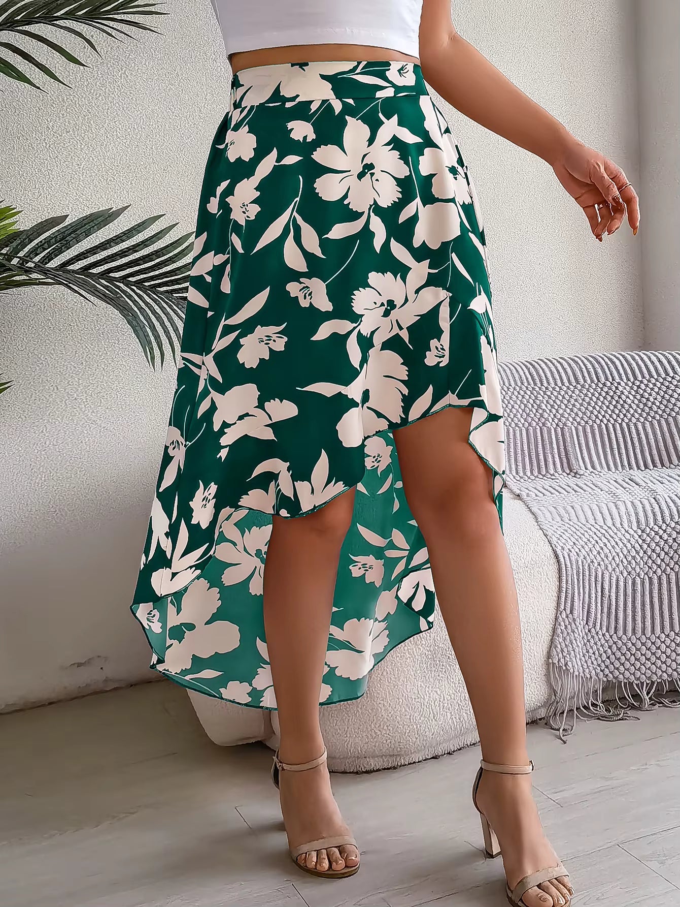 Casual Floral Print Asymmetric Ruffle Slight Stretch Mid-Calf Skirts Mssza