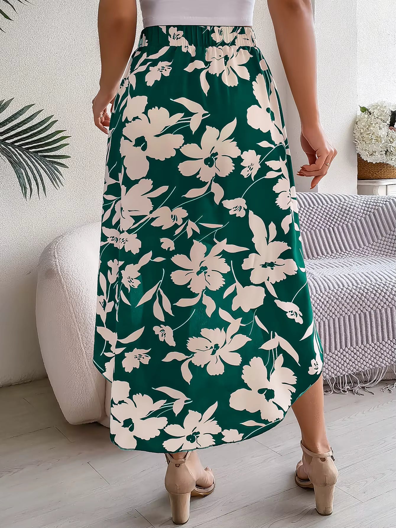 Casual Floral Print Asymmetric Ruffle Slight Stretch Mid-Calf Skirts Mssza