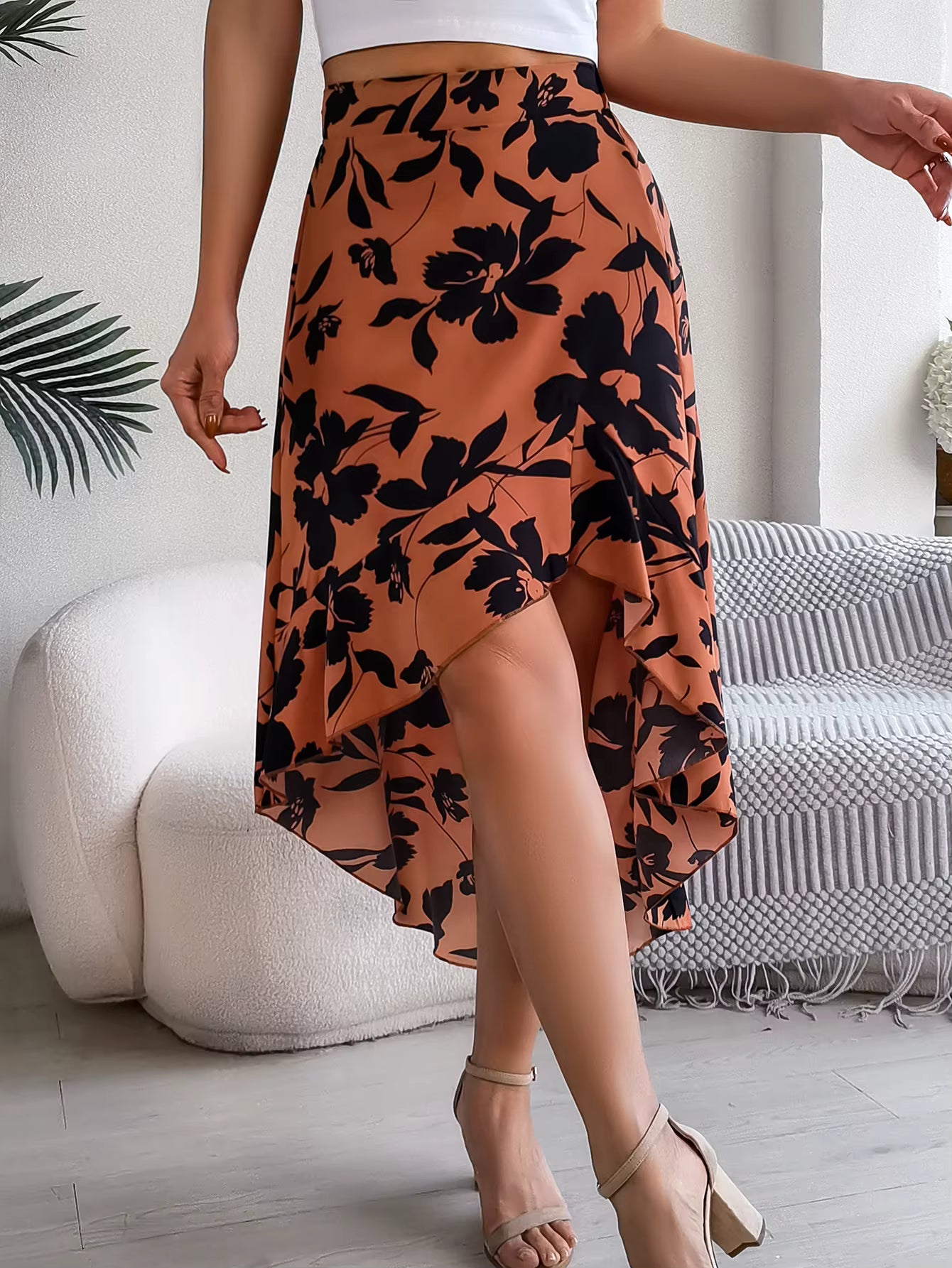 Casual Floral Print Asymmetric Ruffle Slight Stretch Mid-Calf Skirts Mssza