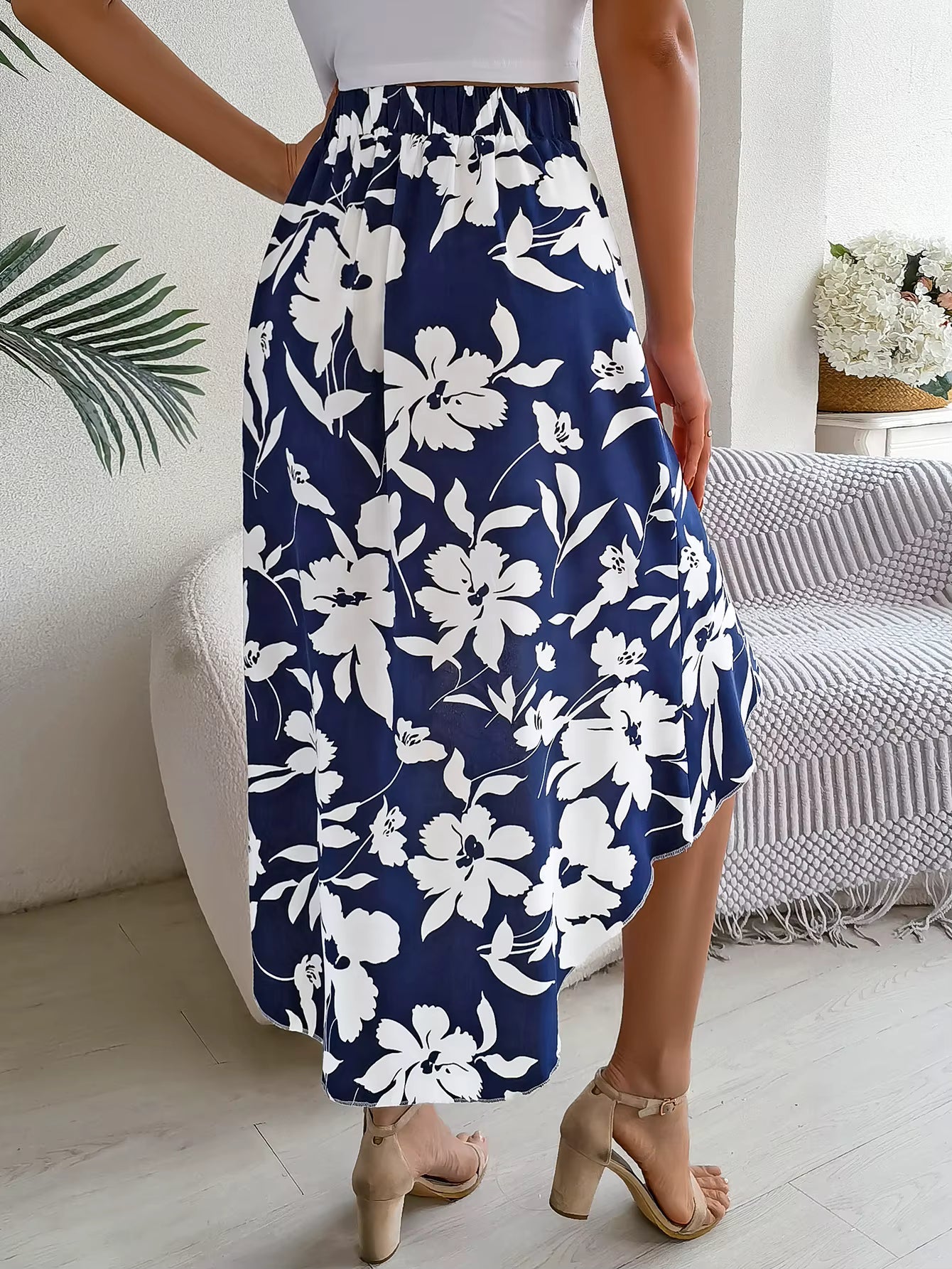 Casual Floral Print Asymmetric Ruffle Slight Stretch Mid-Calf Skirts Mssza