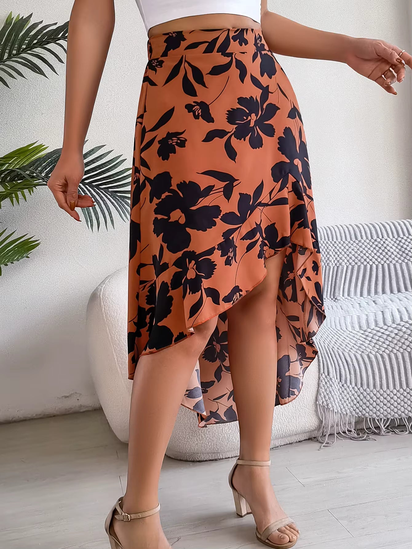Casual Floral Print Asymmetric Ruffle Slight Stretch Mid-Calf Skirts Mssza
