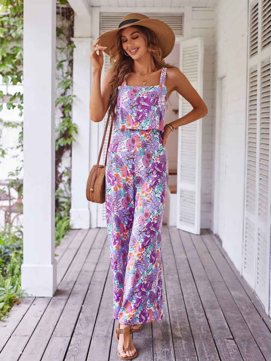 Casual Floral Print Halter Wide Leg Pants Beach Long Jumpsuit Mssza