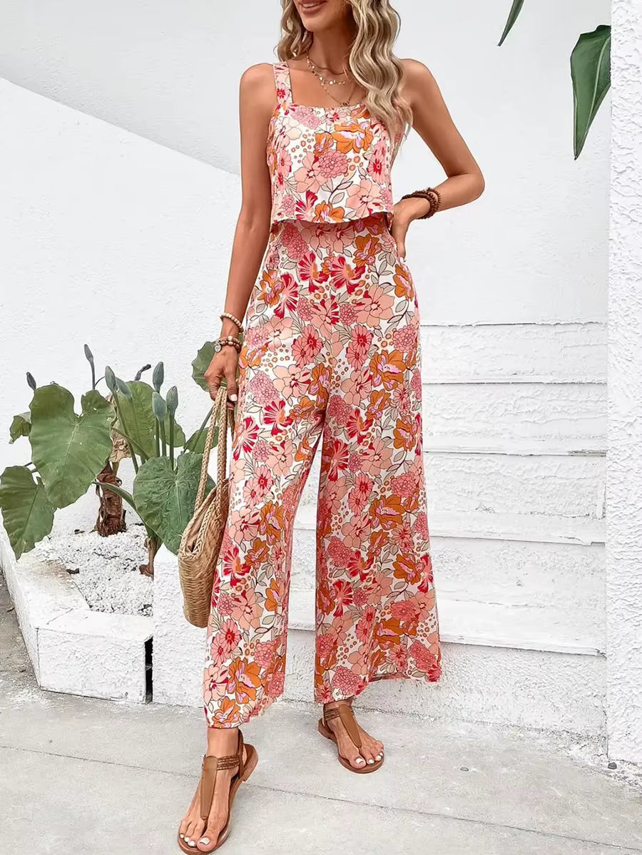 Casual Floral Print Halter Wide Leg Pants Beach Long Jumpsuit Mssza
