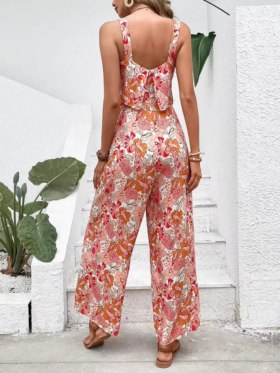 Casual Floral Print Halter Wide Leg Pants Beach Long Jumpsuit Mssza