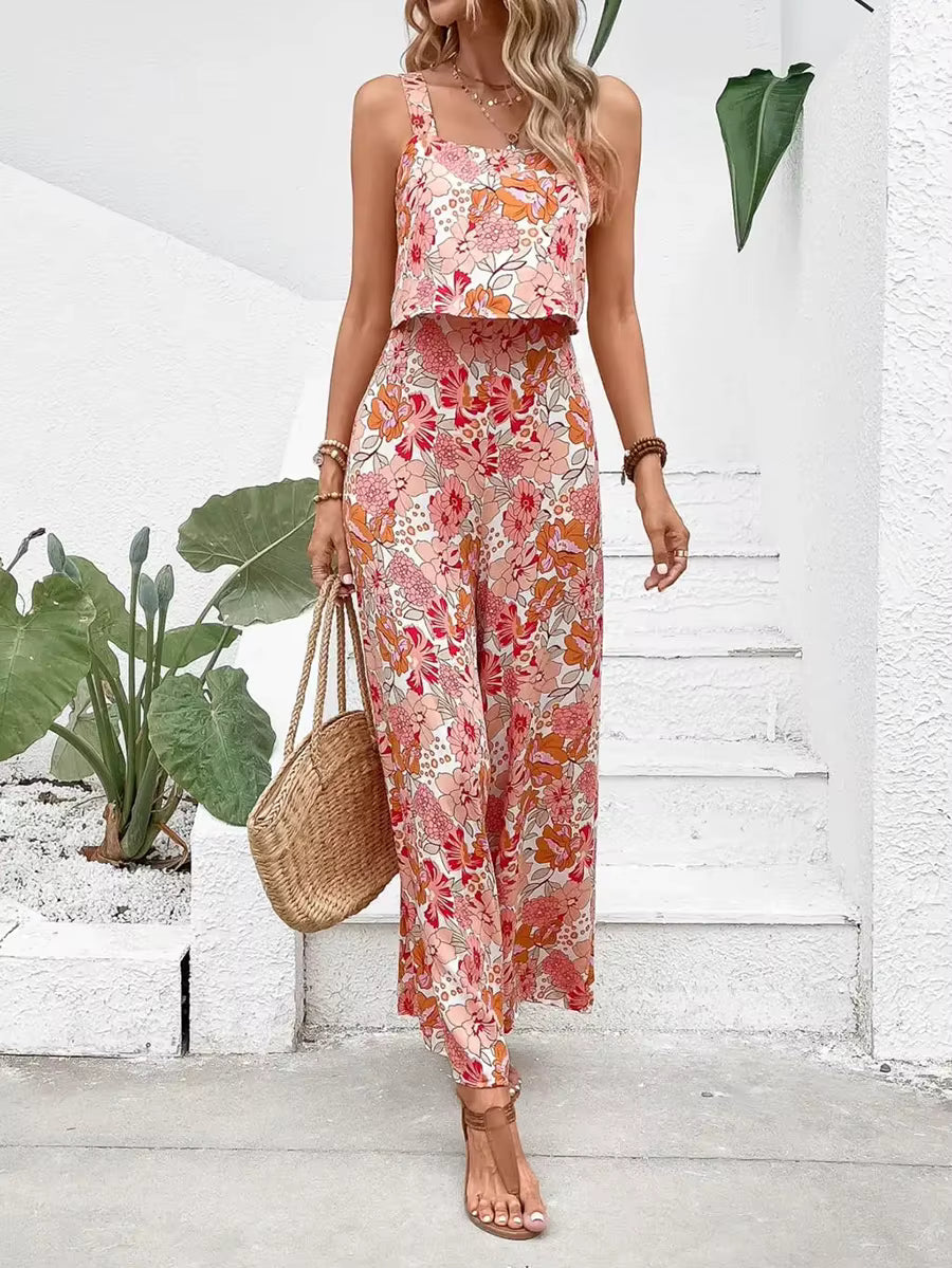 Casual Floral Print Halter Wide Leg Pants Beach Long Jumpsuit Mssza