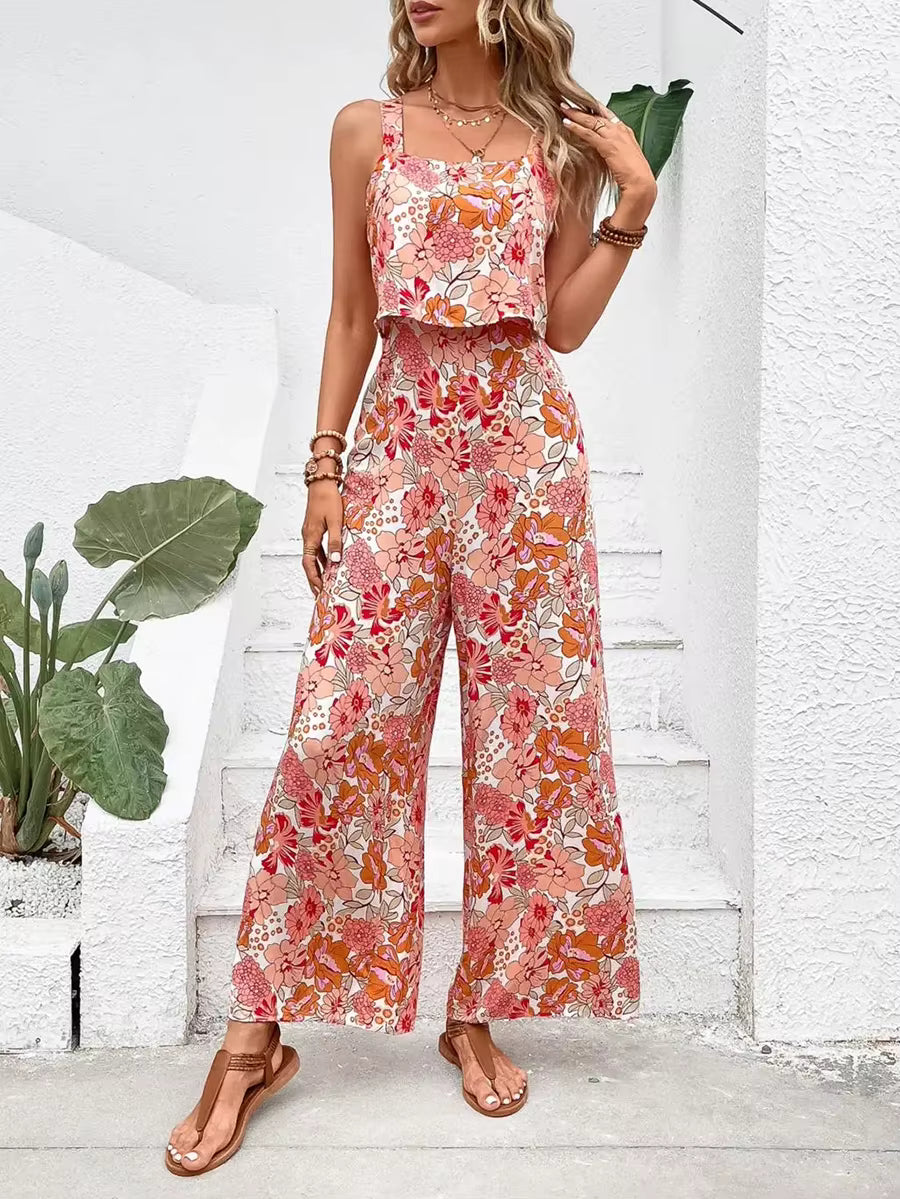 Casual Floral Print Halter Wide Leg Pants Beach Long Jumpsuit Mssza