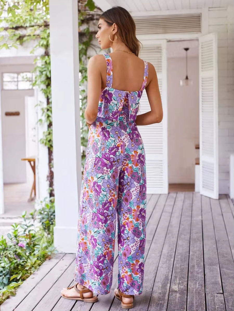 Casual Floral Print Halter Wide Leg Pants Beach Long Jumpsuit Mssza