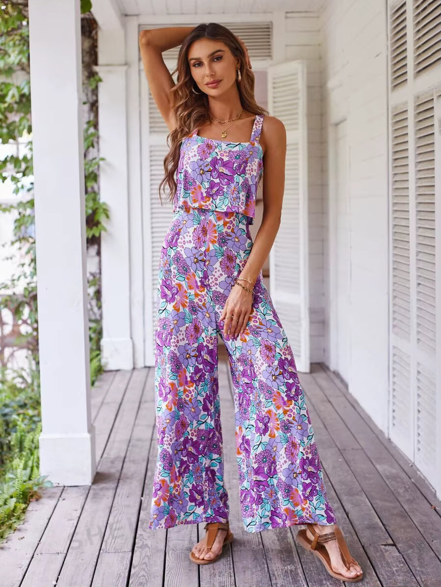 Casual Floral Print Halter Wide Leg Pants Beach Long Jumpsuit Mssza