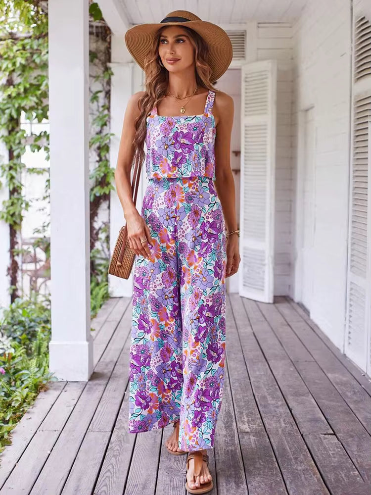 Casual Floral Print Halter Wide Leg Pants Beach Long Jumpsuit Mssza