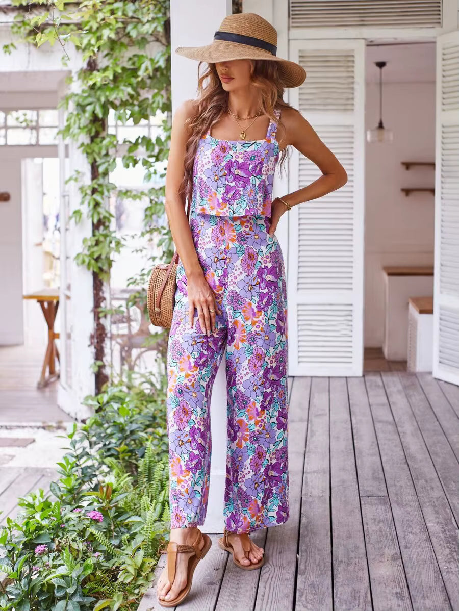 Casual Floral Print Halter Wide Leg Pants Beach Long Jumpsuit Mssza