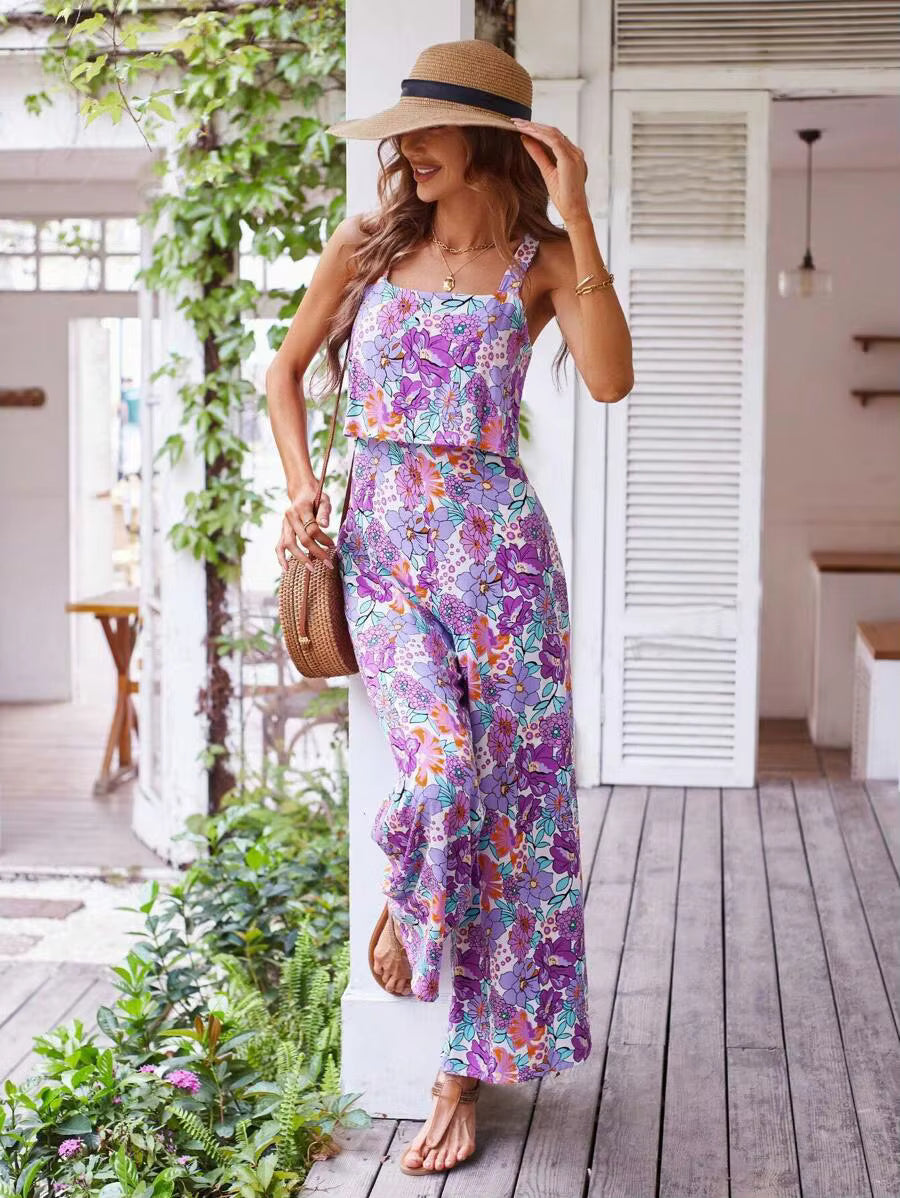 Casual Floral Print Halter Wide Leg Pants Beach Long Jumpsuit Mssza