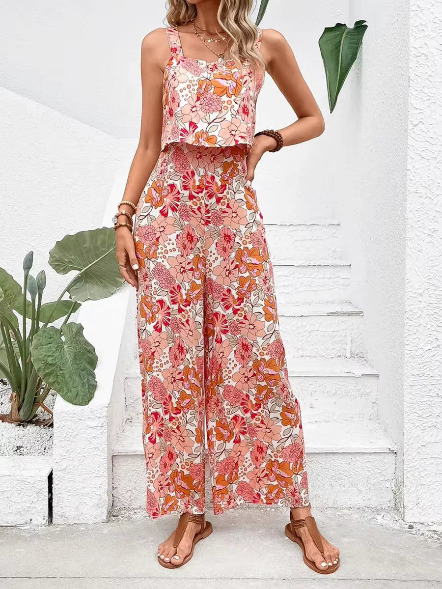 Casual Floral Print Halter Wide Leg Pants Beach Long Jumpsuit Mssza