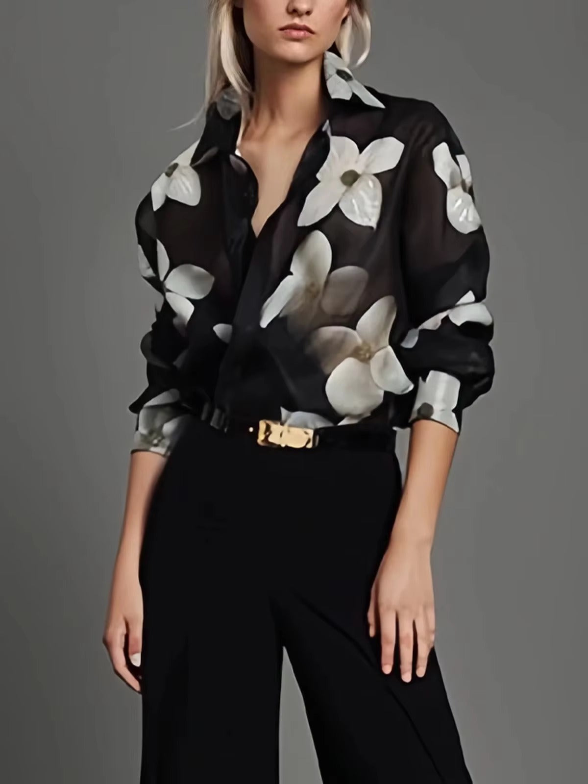 Casual Floral Printed Button Long Sleeves Loose Lapel Office Blouses Shirts Mssza