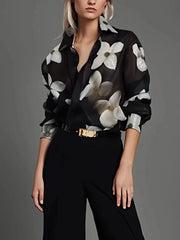 Casual Floral Printed Button Long Sleeves Loose Lapel Office Blouses Shirts Mssza