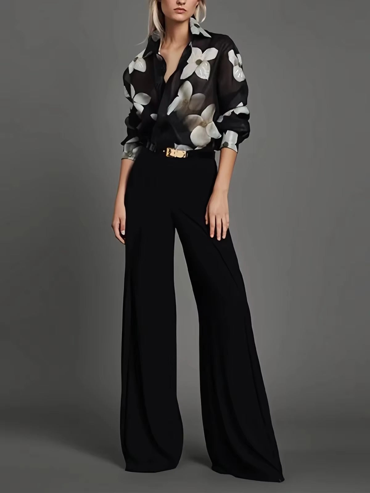 Casual Floral Printed Button Long Sleeves Loose Lapel Office Blouses Shirts Mssza