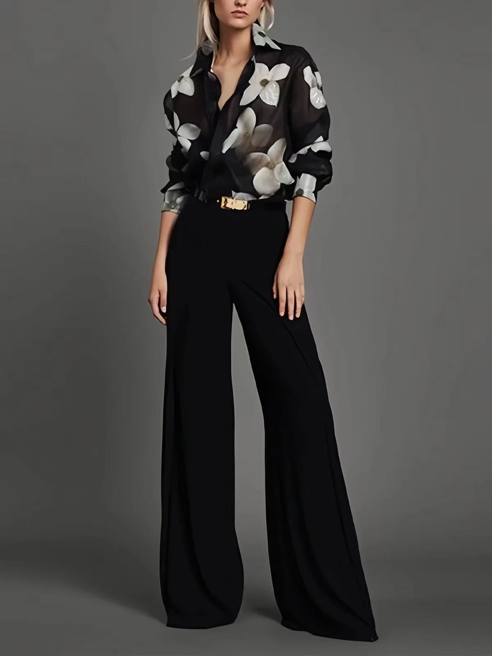 Casual Floral Printed Button Long Sleeves Loose Lapel Office Blouses Shirts Mssza