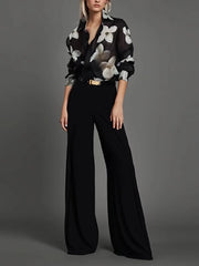 Casual Floral Printed Button Long Sleeves Loose Lapel Office Blouses Shirts Mssza