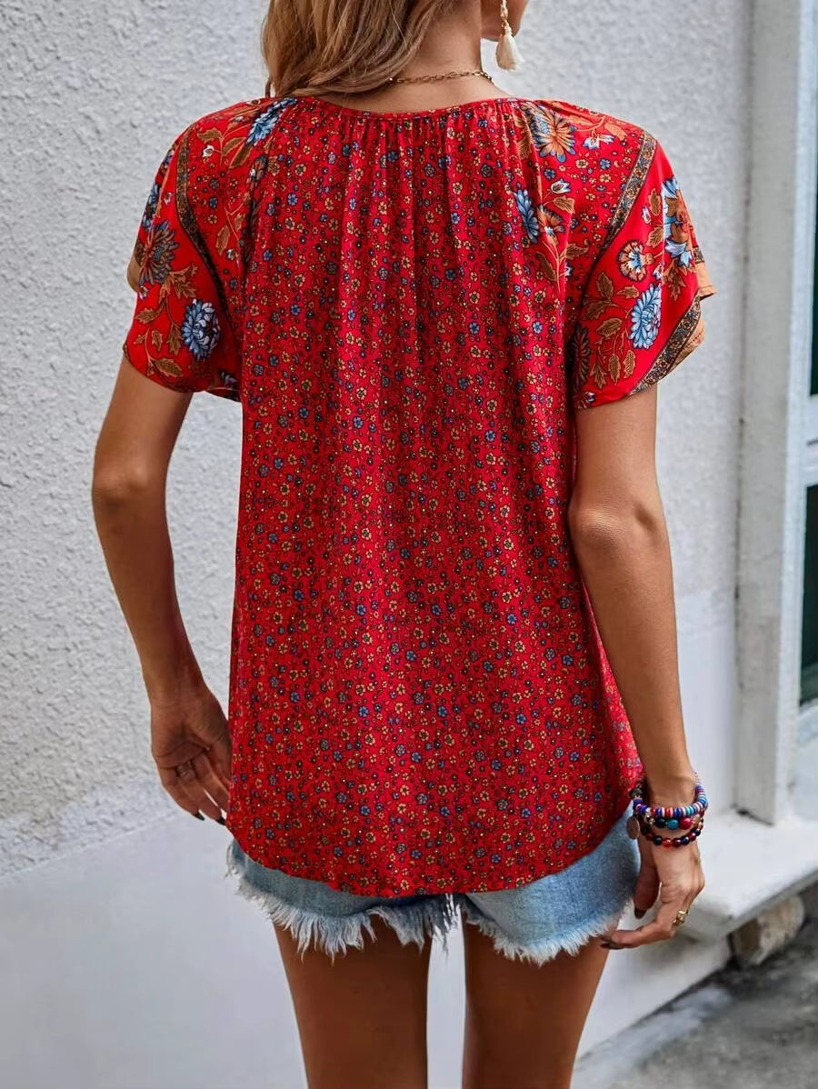 Casual Floral V-Neck Short Sleeve Bohemian Beach Style Printed Shirt Mssza