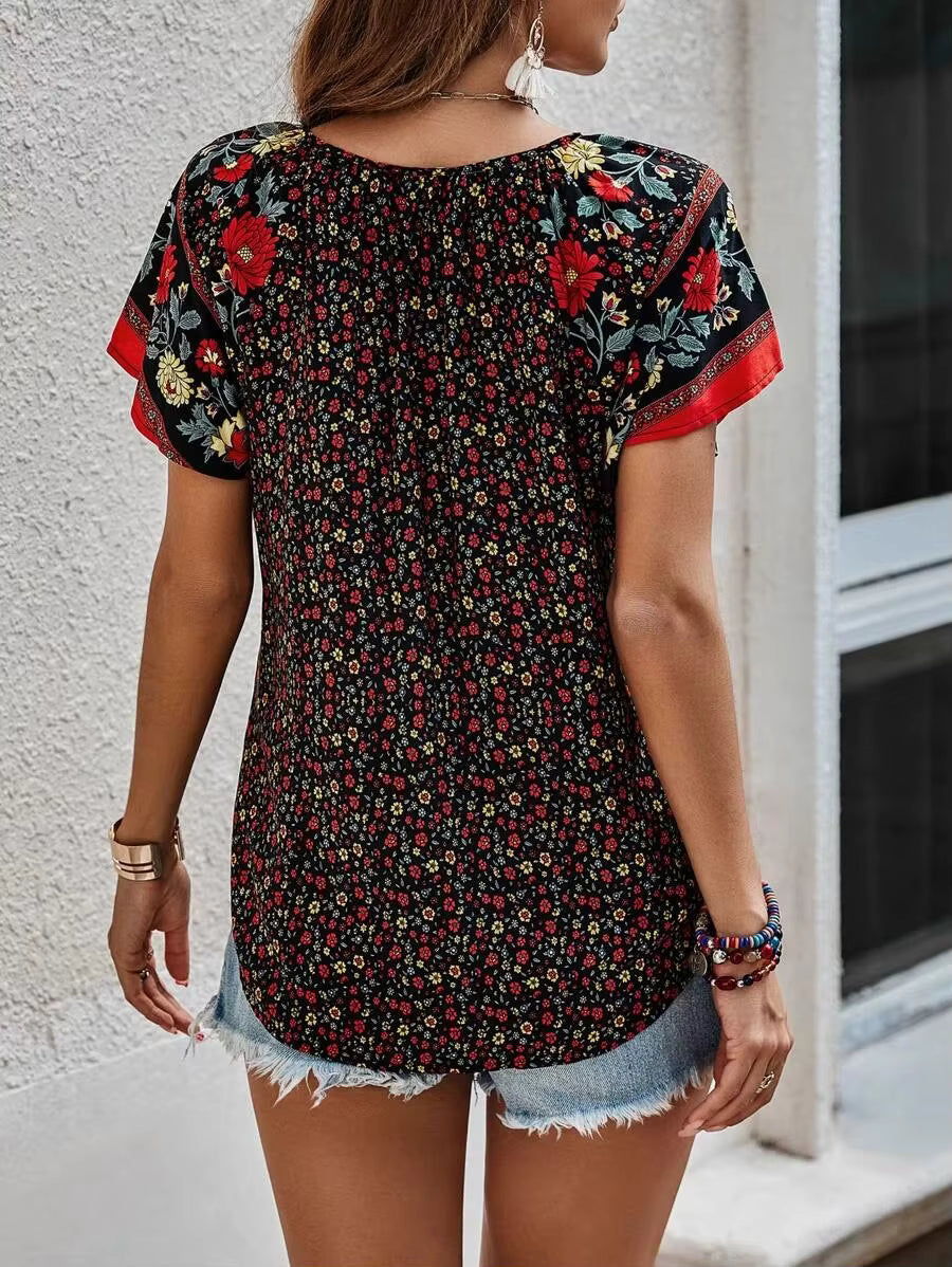 Casual Floral V-Neck Short Sleeve Bohemian Beach Style Printed Shirt Mssza