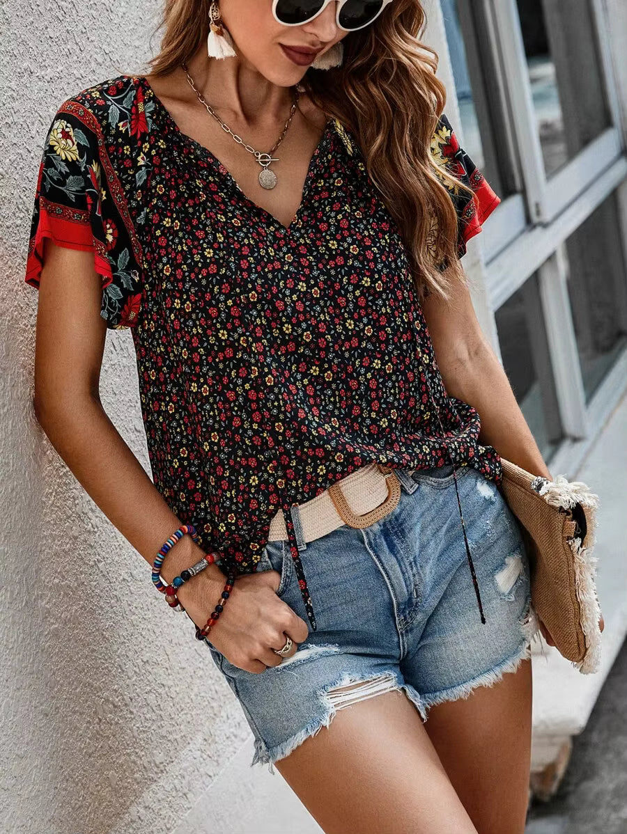 Casual Floral V-Neck Short Sleeve Bohemian Beach Style Printed Shirt Mssza