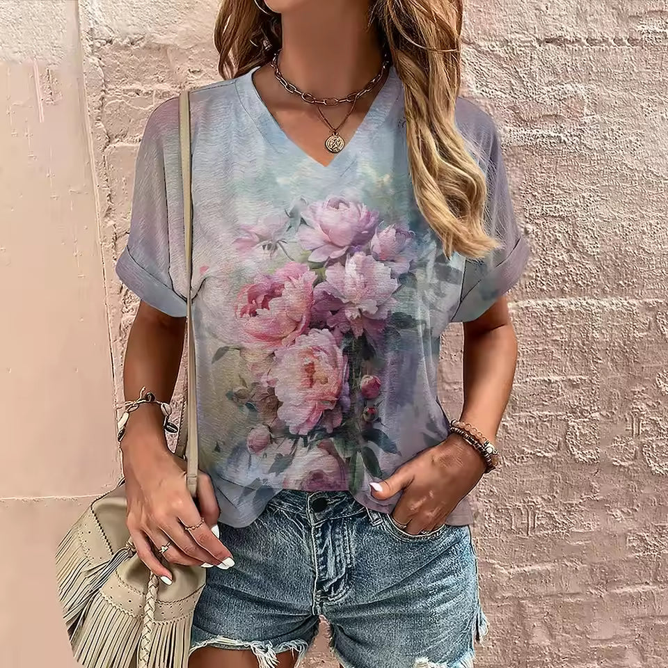 Casual Flower Print V Neck Pullover Oversized T Shirts Mssza