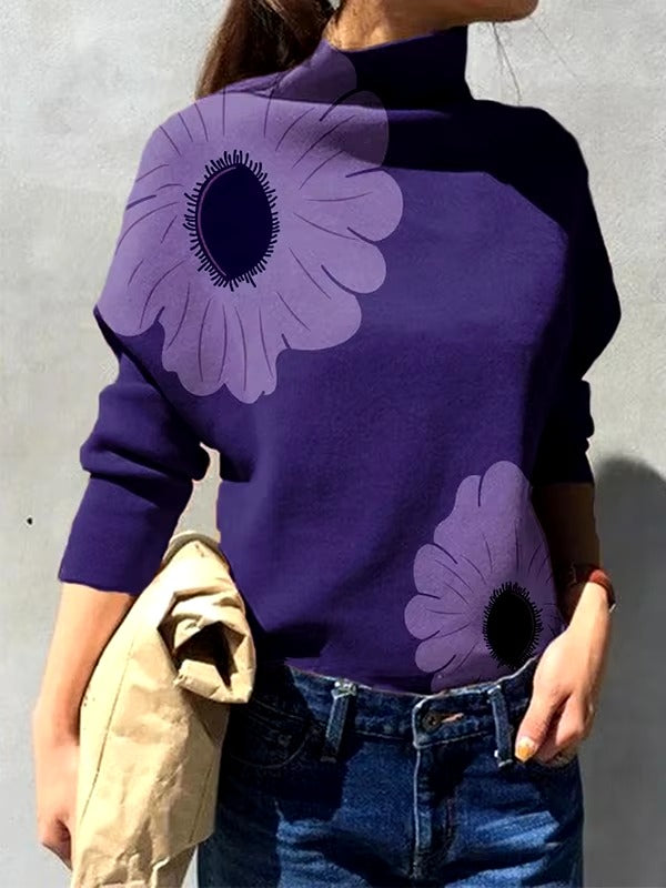 Casual Flower Printed Long Sleeves High Neck Loose Tops T-Shirt Mssza