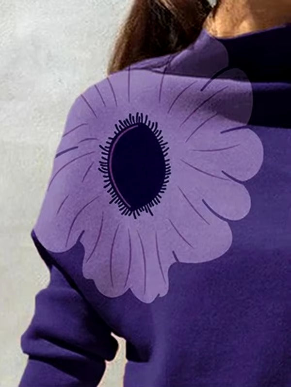 Casual Flower Printed Long Sleeves High Neck Loose Tops T-Shirt Mssza
