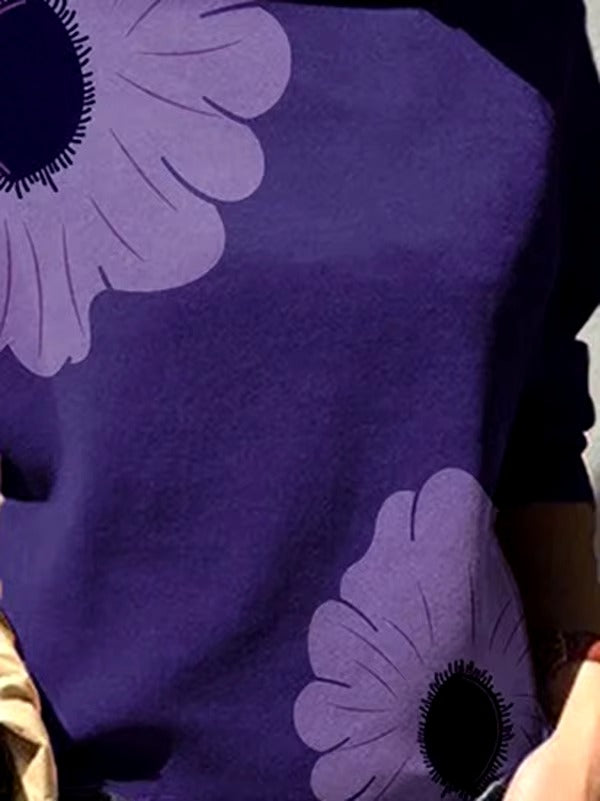 Casual Flower Printed Long Sleeves High Neck Loose Tops T-Shirt Mssza